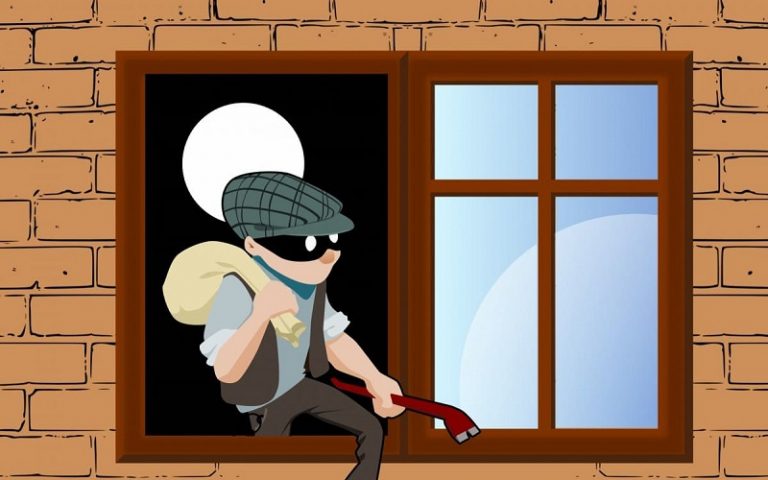 Dieb-stehlt-Haus Fenster klettert Diebstahl Konzept Einbrecher Kriminalität Sicherheit Schutz Maske Gefahr Raub Räuber Gangster kriminell Verhaftung Einbruch