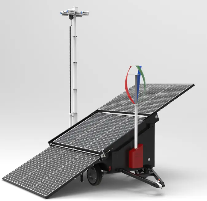 Os reboques solares híbridos Sun+Wind combinam painéis solares e turbinas eólicas para criar uma solução de energia versátil. Este sistema garante geração de energia confiável em diversas condições climáticas, tornando-o ideal para locais remotos. A abordagem híbrida reduz a dependência de combustível, diminui os custos operacionais e minimiza o impacto ambiental ao diminuir as emissões de carbono. Portáteis e fáceis de implantar, esses reboques são perfeitos para canteiros de obras, eventos e necessidades de energia de emergência.